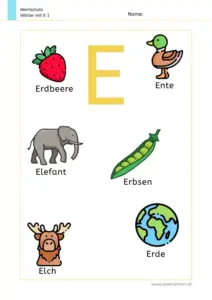 Arbeitsblatt Wortschatz: Wörter mit Buchstabe E mit Bildern kennenlernen – 1. Klasse