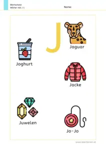 Arbeitsblatt Wortschatz: Wörter mit Buchstabe J mit Bildern kennenlernen – 1. Klasse