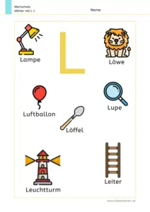 Arbeitsblatt Wortschatz: Wörter mit Buchstabe L mit Bildern kennenlernen – 1. Klasse
