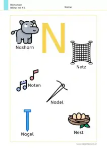 Arbeitsblatt Wortschatz: Wörter mit Buchstabe N mit Bildern kennenlernen – 1. Klasse