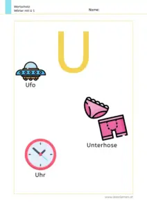 Arbeitsblatt Wortschatz: Wörter mit Buchstabe U mit Bildern kennenlernen – 1. Klasse