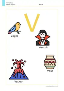 Arbeitsblatt Wortschatz: Wörter mit Buchstabe V mit Bildern kennenlernen – 1. Klasse