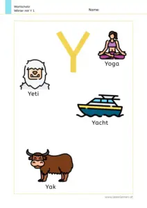 Arbeitsblatt Wortschatz: Wörter mit Buchstabe Y mit Bildern kennenlernen – 1. Klasse