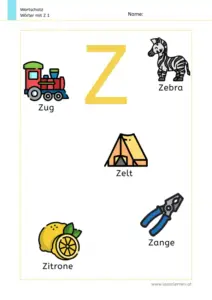 Arbeitsblatt Wortschatz: Wörter mit Buchstabe Z mit Bildern kennenlernen – 1. Klasse
