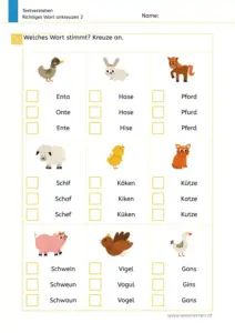 Arbeitsblatt „Textverstehen – Richtiges Wort ankreuzen 2“: Kinder kreuzen zu Tierbildern das passende Wort an (Ente, Hase, Pferd, Schaf, Küken, Katze, Schwein, Vogel, Gans).