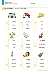 Arbeitsblatt „Textverstehen – Richtiges Wort ankreuzen 3“: Kinder kreuzen zu Bildern das passende Wort an (Hose, Haus, Hut, Insel, Flossen, Kirschen, Flasche, Kappe, Glocke).