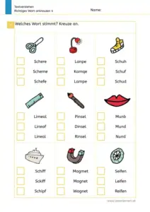 Arbeitsblatt „Textverstehen – Richtiges Wort ankreuzen 4“: Kinder kreuzen zu Bildern das passende Wort an (Schere, Lampe, Schuh, Lineal, Pinsel, Mund, Schiff, Magnet, Reifen).