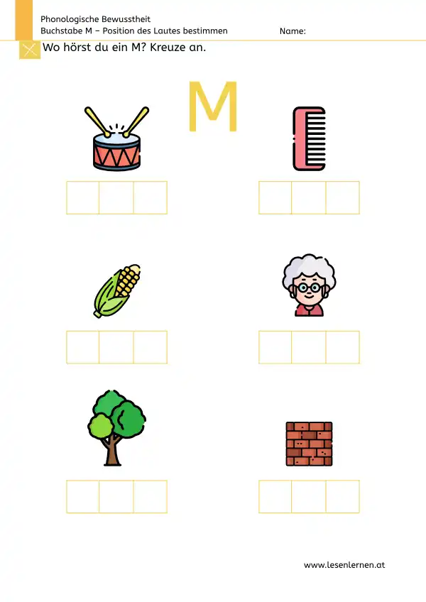 Buchstabe M – Anlaut, Inlaut, Auslaut erkennen | Arbeitsblatt ...