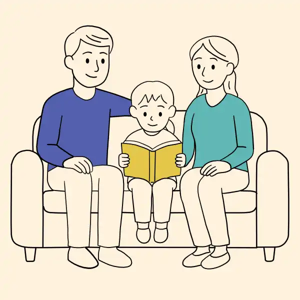 Eltern sitzen mit Kind auf Sofa