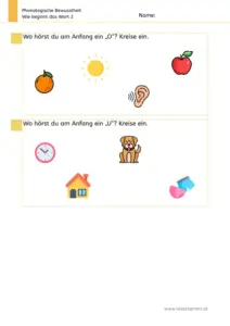 Arbeitsblatt: Anlaute hören und einkreisen (O, U) - Übung zur phonologischen Bewusstheit für die 1. Klasse