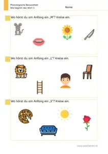Arbeitsblatt: Anlaute hören und einkreisen (M, L, S) - Übung zur phonologischen Bewusstheit für die 1. Klasse