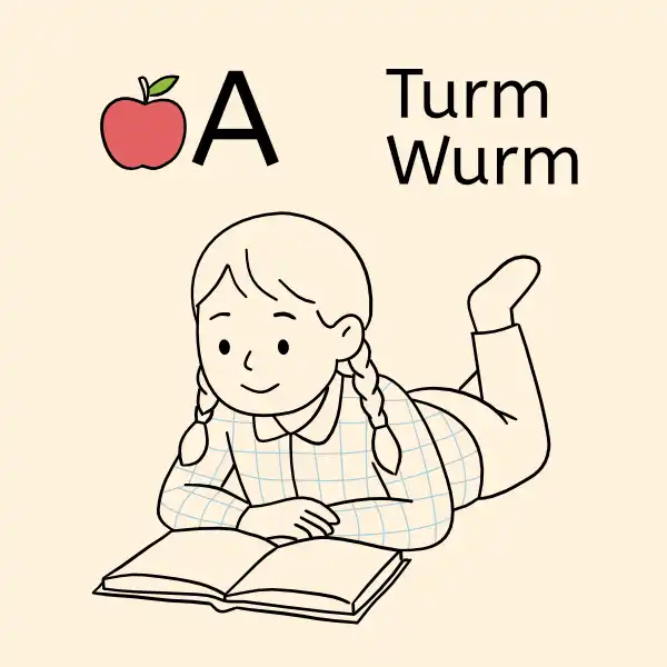 Ein Mädchen liegt am Boden und liest ein Buch – über ihr Anlaute und Reime