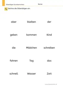 Arbeitsblatt: Silbenbögen malen bei Wörtern zum Grundwortschatz - Leseübung für die 1. Klasse, Nr. 1