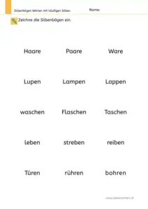 Arbeitsblatt: Silbenbögen malen bei Wörtern mit häufigen Silben - Leseübung für die 1. Klasse, Nr. 2
