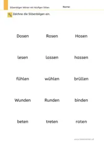 Arbeitsblatt: Silbenbögen malen bei Wörtern mit häufigen Silben - Leseübung für die 1. Klasse, Nr. 3