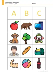 Arbeitsblatt: Anlaut-Kärtchen für A, B und C - Bildkarten zur phonologischen Bewusstheit