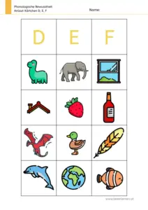 Arbeitsblatt: Anlaut-Kärtchen für D, E und F - Bildkarten zur phonologischen Bewusstheit