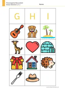 Arbeitsblatt: Anlaut-Kärtchen für G, H und I - Bildkarten zur phonologischen Bewusstheit