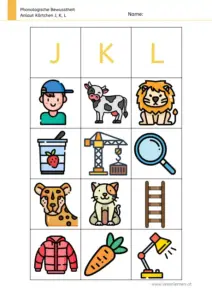 Arbeitsblatt: Anlaut-Kärtchen für J, K und L - Bildkarten zur phonologischen Bewusstheit