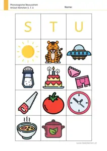 Arbeitsblatt: Anlaut-Kärtchen für S, T und U - Bildkarten zur phonologischen Bewusstheit