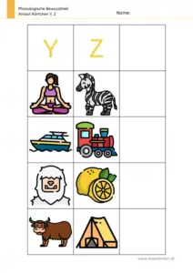 Arbeitsblatt: Anlaut-Kärtchen für Y und Z - Bildkarten zur phonologischen Bewusstheit