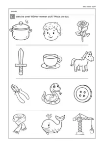 rbeitsblatt „Was reimt sich?“: In jeder Reihe drei Bilder, zwei davon reimen sich (Topf–Kopf, Schwert–Pferd, Zange–Schlange, Schal–Wal) und sollen ausgemalt werden.
