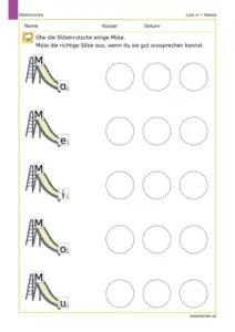 Arbeitsblatt „Silbenrutsche: Laut m + Vokale“ mit fünf Rutschen (ma, me, mi, mo, mu) und Kreisen zum Ausmalen.
