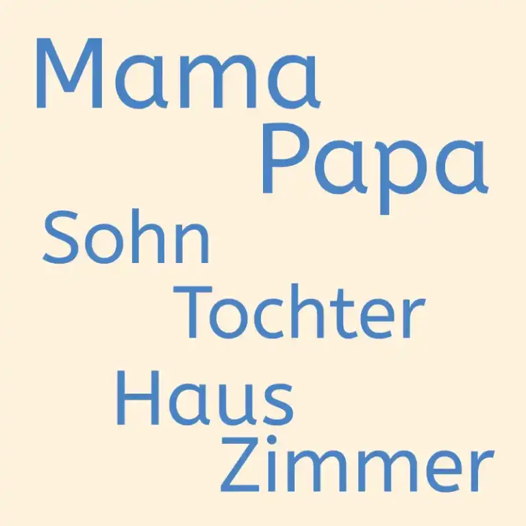 Mama, Papa, Sohn, Tochter, Haus, Zimmer stehen geschrieben
