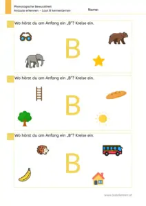 Arbeitsblatt „Anlaute erkennen – Laut B“: Kinder kreisen Bilder mit B am Wortanfang ein (Brille, Bär, Brot, Baum, Bus, Banane).
