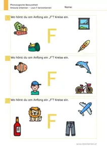 Arbeitsblatt „Anlaute erkennen – Laut F“: Kinder benennen Bilder und kreisen ein, was mit F beginnt (Fenster, Feder, Fisch, Fahrrad, Flasche, Flugzeug; dazu Ablenker wie Gemüse, Delfin, Löwe, Hose).
