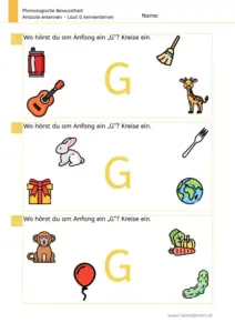 Arbeitsblatt „Anlaute erkennen – Laut G“: Kinder benennen Bilder und kreisen ein, was mit G beginnt (Gitarre, Giraffe, Gabel, Geschenk, Gemüse, Gurke).