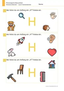 Arbeitsblatt „Anlaute erkennen – Laut H“: Kinder benennen Bilder und kreisen ein, was mit H beginnt (Hund, Hand, Hase, Herz, Hammer, Haus).