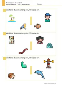 Arbeitsblatt „Anlaute erkennen – Laut I“: Kinder benennen Bilder und kreisen ein, was mit I beginnt (Insel, Igel, Iglu).