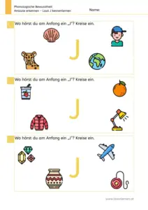 Arbeitsblatt „Anlaute erkennen – Laut J“: Kinder benennen Bilder und kreisen ein, was mit J beginnt (z. B. Junge, Jaguar, Joghurt, Jacke, Juwelen, Jojo).
