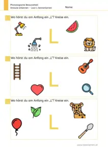 Arbeitsblatt „Anlaute erkennen – Laut L“: Kinder benennen Bilder und kreisen ein, was mit L beginnt (z. B. Lampe, Löwe, Leiter, Lupe, Leopard, Löffel).