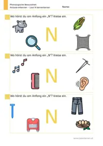 Arbeitsblatt „Anlaute erkennen – Laut N“: Kinder benennen Bilder und kreisen ein, was mit N beginnt (z. B. Nashorn, Netz, Noten, Nadel, Nagel, Nest).