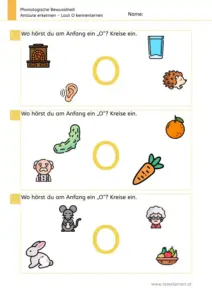 Arbeitsblatt „Anlaute erkennen – Laut O“: Kinder benennen Bilder und kreisen ein, was mit O beginnt (z. B. Ofen, Ohr, Orange, Opa, Oma, Obst).