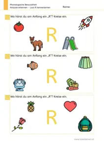 Arbeitsblatt „Anlaute erkennen – Laut R“: Kinder benennen Bilder und kreisen ein, was mit R beginnt (z. B. Rakete, Rutsche, Rock, Roboter, Rose, Rucksack).