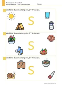 Arbeitsblatt „Anlaute erkennen – Laut S“: Kinder benennen Bilder und kreisen ein, was mit S beginnt (z. B. Sonne, Salz, Salat, Socken, Suppe, Schnecke, Säge).