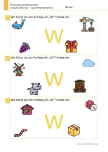 Arbeitsblatt „Anlaute erkennen – Laut W“: Kinder benennen Bilder und kreisen ein, was mit W beginnt (z. B. Wal, Weintrauben, Windmühle, Wolke, Wurm, Würfel).