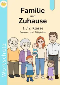 Cover: Wortschatz Familie und Zuhause (1./2. Klasse) – Personen und Tätigkeiten, Illustration einer Familie.
