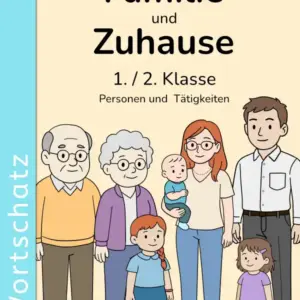 Cover: Wortschatz Familie und Zuhause (1./2. Klasse) – Personen und Tätigkeiten, Illustration einer Familie.