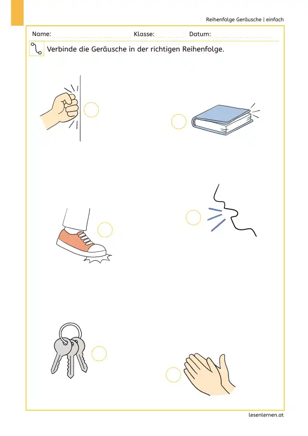 Arbeitsblatt „Verbinde die Geräusche in der richtigen Reihenfolge“ (einfach) mit Bildern zu klopfen, Buch zuklappen, stampfen, husten, Schlüssel klimpern und klatschen.