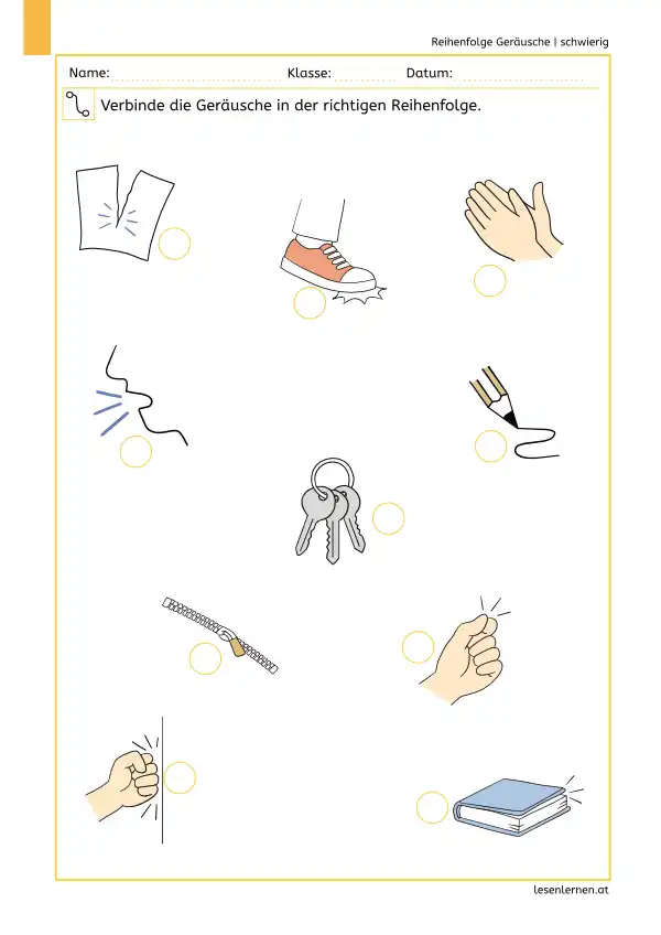 Arbeitsblatt „Verbinde die Geräusche in der richtigen Reihenfolge“ (schwierig) mit Bildern zu Papier reißen, stampfen, klatschen, husten, Stift schreiben, Schlüssel klimpern, Reißverschluss, schnipsen, klopfen und Buch zuklappen.