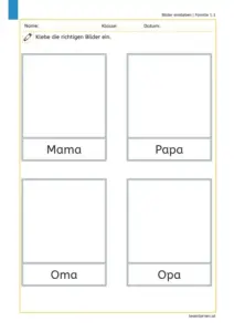 Arbeitsblatt zum Thema Familie: Bilder zu Mama, Papa, Oma und Opa in die passenden Felder einkleben