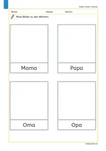 Arbeitsblatt zum Thema Familie: Bilder zu Mama, Papa, Oma und Opa selbst malen