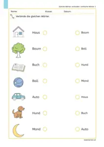 Arbeitsblatt mit einfachen Wörtern: Gleiche Wörter wie Haus, Baum, Buch, Ball, Auto, Hund und Mond verbinden