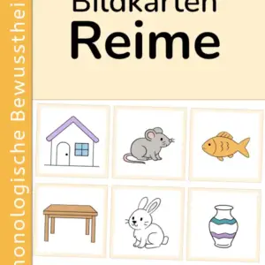 Alt-Text Cover Bildkarten zu Reimen für Vorschule und 1. Klasse mit Reimwörtern auf dem Cover.