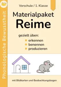 Alt-Text Cover Gesamtpaket Reime für Vorschule und 1. Klasse mit den Bereichen erkennen, benennen und produzieren auf dem Cover.