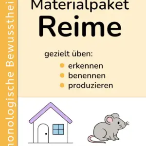 Alt-Text Cover Gesamtpaket Reime für Vorschule und 1. Klasse mit den Bereichen erkennen, benennen und produzieren auf dem Cover.